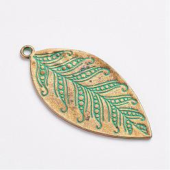 Antique Bronze & Green Patina Tibetan Style Alloy Pendants, Leaf, Antique Bronze & Green Patina, 60x28x1mm, Hole: 3mm