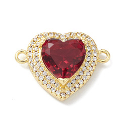 Dark Red Rack Plating Brass Pave Cubic Zirconia Connector Charms, Heart Links, Lead Free & Cadmium Free, Long-Lasting Plated, Real 18K Gold Plated, Dark Red, 16x22x7mm, Hole: 1.6mm