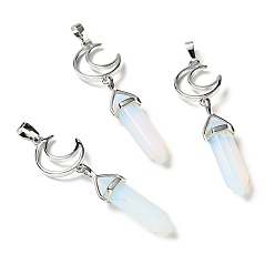 Opalite Opalite Double Terminated Pointed Big Pendants, with Platinum Tone Brass Findings, Cadmium Free & Lead Free, Moon with Bullet, Faceted, 70~75mm, Hole: 4.6x8mm