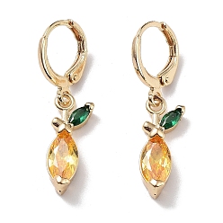 Gold Real 18K Gold Plated Brass Dangle Leverback Earrings, with Cubic Zirconia and Glass, Leaf, Gold, 32x7mm