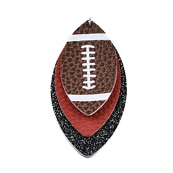 Brown Rugby Ball Pattern Imitation Leather Pendant, with Iron Jump Ring, Triple Leaf, Brown, 65~65.5x34~35x3~4.5mm, Hole: 5mm