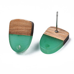 Medium Sea Green Transparent Resin & Walnut Wood Stud Earring Findings, with 304 Stainless Steel Pin and Hole, Two Tone, Half Oval, Medium Sea Green, 15x11mm, Hole: 1.8mm, Pin: 0.7mm