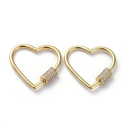 Real 18K Gold Plated Brass Micro Pave Cubic Zirconia Screw Carabiner Lock Charms, for Necklaces Making, Long-Lasting Plated, Heart, Clear, Real 18K Gold Plated, 29.5x31x2.1mm