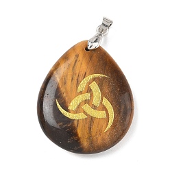 Тигровый глаз Природных тигровый глаз подвески, с реечной обшивкой латунными выводами, без кадмия и без свинца, очарование слезы, 31x25x5~7 мм, отверстие : 4.5x4 мм