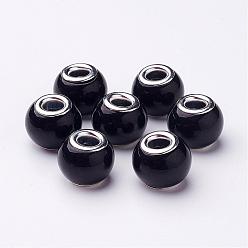 Black Spray Painted Glass European Beads, with Brass Silver Color Plated Cores, Large Hole Beads, Rondelle, Black, 15x12mm, Hole: 5mm