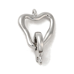 Real Platinum Plated Brass Fold Over Clasps, Heart, Real Platinum Plated, Heart: 12x13.5x2mm, Hole: 1.2mm; Clasp: 10.5x8x2mm, Hole: 1.2mm