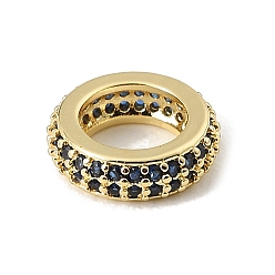 Dark Blue Brass Micro Pave Cubic Zirconia Beads, Flat Round, Large Hole Beads, Rack Plating, Long-Lasting Plated, Lead Free & Cadmium Free, Real 18K Gold Plated, Dark Blue, 12.5x3.8mm, Hole: 7.5mm