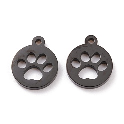 Electrophoresis Black 304 Stainless Steel Charms, Laser Cut, Flat Round with Dog Footprint, Ion Plating(IP), Electrophoresis Black, 13x11x1.5mm, Hole: 1.4mm