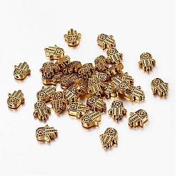 Oro Antiguo Aleación de estilo tibetano hamsa mano / mano de fatima / mano de miriam beads, sin plomo y cadmio, oro antiguo, 12x10x4 mm, Agujero: 1.5 mm, sobre 780 unidades / 1000 g