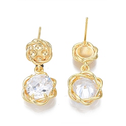 Real 18K Gold Plated Clear Cubic Zirconia Lotus Flower Dangle Stud Earrings, Brass Jewelry for Women, Nickel Free, Real 18K Gold Plated, 22mm, Pin: 0.7mm