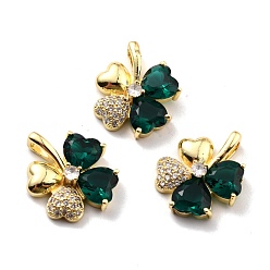 Green Rack Plating Brass Micro Pave Cubic Zirconia Pendants, Long-Lasting Plated, Real 18K Gold Plated, Clover, Green, 24.5x20x6.5mm, Hole: 5.5x3.7mm