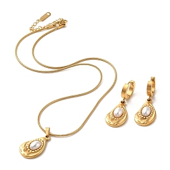 Golden Teardrop 304 Stainless Steel Jewelry Set, Plastic Pearl Dangle Hoop Earrings and Pendant Necklace, Golden, Necklacces: 400mm; Earring: 37x13mm