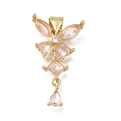 Pink Латунные микро проложить кубического циркония подвески, со стеклом, бабочки прелести, без кадмия и без свинца, стойки покрытие, долговечный, реальный 18 k позолоченный, розовые, 25x15x4.5 мм, отверстие : 3.5x5.5 мм