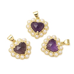 Amethyst Natural Amethyst Pendants, Faceted Heart Charms, with Ion Plating(IP) Brass Findings and Plastic Beads, Real 14K Gold Plated, 18~18.5x17.5~18x5.5~6.8mm, Hole: 4.5x3.5mm