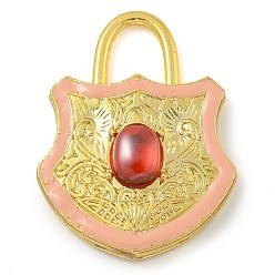 Розовый Стеклянные подвески из латуни с покрытием стойки, с эмалью, долговечный, без свинца и без кадмия, реальный 18 k позолоченный, запирать, туманная роза, 40x30x5.5 мм, отверстие : 9x8 мм