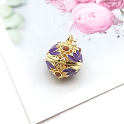 Medium Purple Brass Enamel Hollow Bead Cage Pendants, Round with Lotus Flower Charm, for Chime Ball Pendant Necklaces Making, Medium Purple, 18x15mm