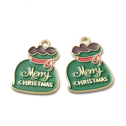 Green Alloy Enamel Pendants, for Christmas, Light Gold Plated, Bag with Word Merry Christmas, Green, 24x17.5x1mm, Hole: 1mm