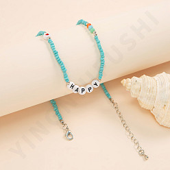 G Blue Happy Bohemian Colorful Rice Bead Handmade Necklace - Fashionable Seashell Soft Pottery Love Collar Chain.