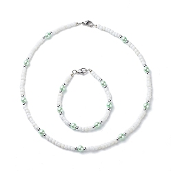 Light Green Plastic & Glass Pearl & Seed Beaded Bracelet and Necklace, Jewelry Set for Women, Light Green, 7-1/2 inch(19cm), 440mm