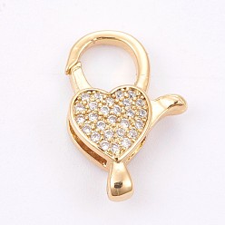 Golden Brass Micro Pave Cubic Zirconia Lobster Claw Clasps, Long-Lasting Plated, Golden, 20x13x5mm, Hole: 2x2.5mm