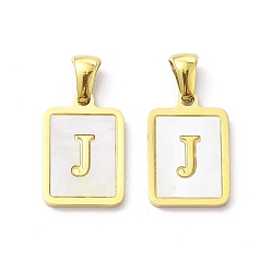 Letter J Ion Plating(IP) 304 Stainless Steel Pave Shell Pendants, Rectangle Charm, Real 18K Gold Plated, Letter J, 17.5x12x1.5mm, Hole: 3x5mm