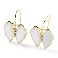 White Natural Jade Dangle Earrings, with Cubic Zirconia and Rack Plating Brass Findings, Dyed, Butterfly, White, 29.5~30x23~24mm