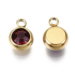 Garnet PVD Vacuum Plating 201 Stainless Steel Rhinestone Charms, Birthstone Charms, Flat Round, Real 18K Gold Plated, Garnet, 8.5x6x3mm, Hole: 1.5mm