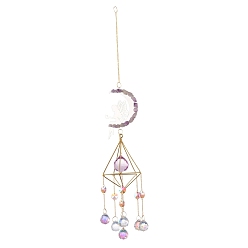 Golden Moon & Fairy Iron AB Color Chandelier Decor Hanging Prism Ornaments, with Faceted Glass Prism & Amethyst, for Home Window Lighting Decoration, Golden, 480mm