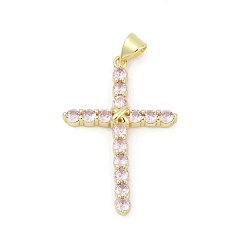 Лавандовый румянец Латунные микро проложить кубического циркония подвески, крестик, без свинца и без кадмия, долговечный, стойки покрытие, реальный 18 k позолоченный, лавандовый румянец, 33.5x22.5x5.5 мм, отверстие : 3x5.5 мм