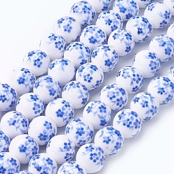 Blue Handmade Flower Printed Porcelain Ceramic Beads Strands, Round, Blue, 10~10.5mm, Hole: 2mm, about 35pcs/strand, 13.2 inch(33.5cm)