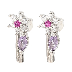 Pink Flower Platinum Brass Stud Earrings, with Clear Cubic Zirconia, Long-Lasting Plated, Lead Free & Cadmium Free, Pink, 15x6.5mm