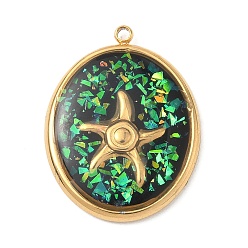 Черный 304 подвески из нержавеющей стали, эпоксидной смолы, с натуральными ракушками и пайетками внутри, овал с подвесками в виде морских звезд, реальный 18 k позолоченный, вакуумное покрытие pvd, чёрные, 25.5x19.5x1.5 мм, отверстие : 1.4 мм