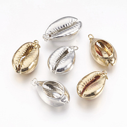 Mixed Color Electroplated Shell Pendants, Cowrie Shells, Mixed Color, 20~30x12~18x7~12mm, Hole: 3mm