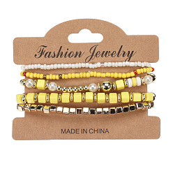 HY-2560-F Yellow Богемный браслет из многониточного бисера с эластичностью и золотой отделкой