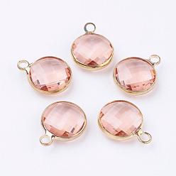 PeachPuff Golden Tone Brass Glass Flat Round Charms, Faceted, PeachPuff, 12x8.5x3mm, Hole: 1.5mm