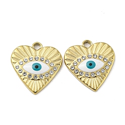 White Ion Plating(IP) 304 Stainless Steel Rhinestone Pendants, with Enamel, Heart with Evil Eye Charm, Golden, White, 17x16x3mm, Hole: 1.9mm