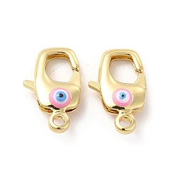 Pink Brass Lobster Claw Clasps, with Enamel, Real 18K Gold Plated, Long-Lasting Plated, Evil Eye Pattern, Pink, 20x16x2mm, Hole: 2~3mm