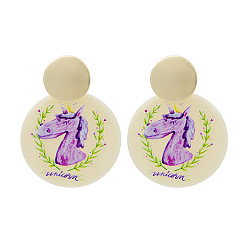 Unicorn Acrylic Flat Round Dangle Stud Earrings with Sterling Silver Pins for Women, Unicorn Pattern, 10mm