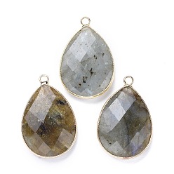 Labradorite Faceted Natural Labradorite Pendants, with Light Gold Plated Brass Edge and Loop, Teardrop, 28.5~29.5x19~20x7mm, Hole: 1.2mm