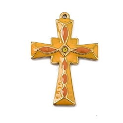 Topaz 304 Stainless Steel with Orange Enamel Pendants, with Rhinestone, Cross Charms, Ion Plating(IP), Golden, Topaz, 35.5x24.5x2.5mm, Hole: 1.4mm