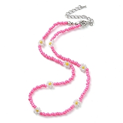 Hot Pink Glass Flower Beaded Necklace, Hot Pink, 15.91 inch(40.4cm)