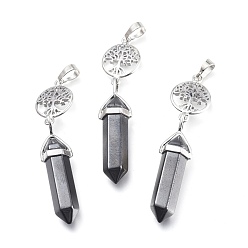 Non-magnetic Hematite Synthetic Non-magnetic Hematite Pointed Big Pendants, with Platinum Plated Brass Findings, Faceted, Bullet & Tree of Life, 59~67x14~15mm, Hole: 7x5mm