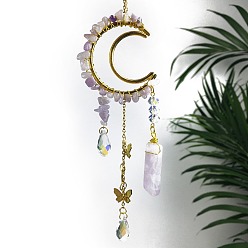 Amethyst Natural Amethyst Chip Wrapped Metal Moon Hanging Ornaments, Glass Teardrop & Butterfly Tassel Suncatchers for Home Outdoor Decoration, 250mm