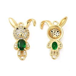 Green Rack Plating Brass Micro Pave Clear Cubic Zirconia Connector Charms, Rabbit Links, with Faceted Glass, Cadmium Free & Lead Free, Real 18K Gold Plated, Green, 28x17x4.5mm, Hole: 1.8mm
