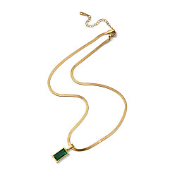 Golden Sea Green Cubic Zirconic Rectangle Pendant Necklace, with Golden 304 Stainless Steel Herringbone Chains, Golden, 16 inch(40.7cm)