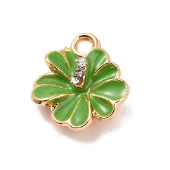 Green Alloy Enamel Pendants, with Rhinestone, Flower Charm, Golden, Green, 14x12.5x4mm, Hole: 2mm