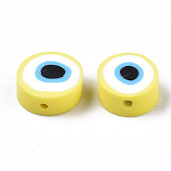 Yellow Handmade Polymer Clay Beads, Flat Round with Evil Eye, Yellow, 9~10x3.5~4.5mm, Hole: 1.5mm