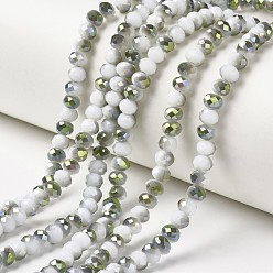 White Electroplate Opaque Glass Beads Strands, Half Green Plated, Faceted, Rondelle, White, 4x3mm, Hole: 0.4mm, about 130pcs/strand, 16.54 inch(42cm)
