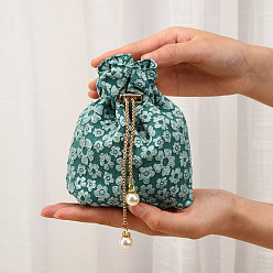 Dark Cyan Fiber Embossed Flower Drawstring Candy Bags, with Chain, Wedding Candy Cloth Pouches, Square, Dark Cyan, 15x15cm