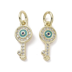 Turquoise Real 18K Gold Plated Brass Micro Pave Cubic Zirconia Pendants, with Enamel and Jump Ring, Key Charms, Turquoise, 17.5x7x2mm, Hole: 3.4mm